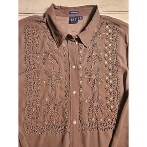 GAP Boyfriend Shirt L Mauve Brown Embroidered Sequin Western Boho Button Down
